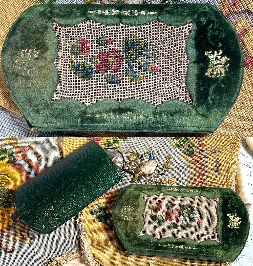 Antique French Silk Embroidery on Silk Velvet & Leather Cigar or Spectacles Case, Etui
