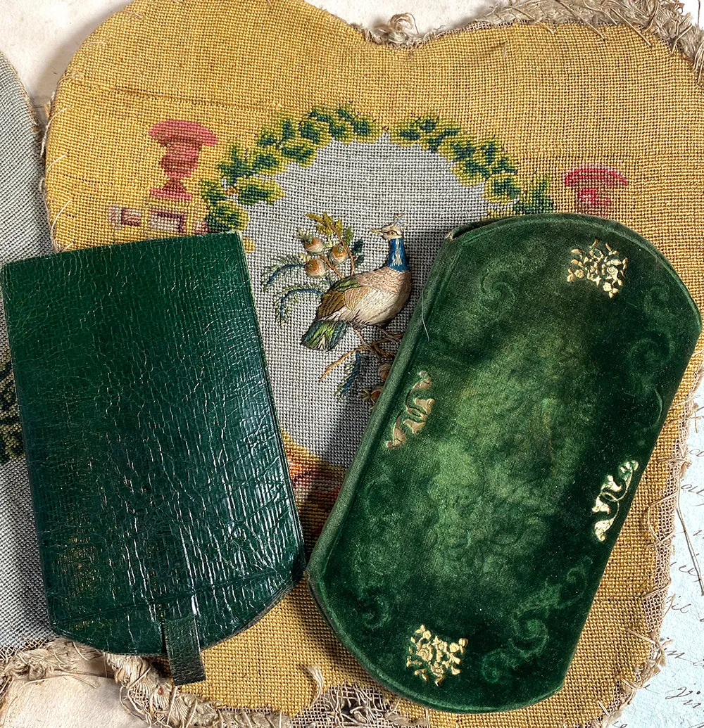 Antique French Silk Embroidery on Silk Velvet & Leather Cigar or Spectacles Case, Etui