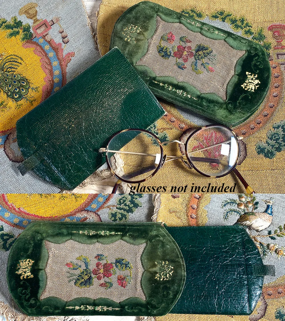 Antique French Silk Embroidery on Silk Velvet & Leather Cigar or Spectacles Case, Etui