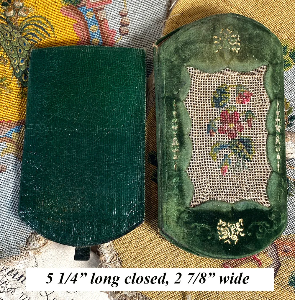 Antique French Silk Embroidery on Silk Velvet & Leather Cigar or Spectacles Case, Etui
