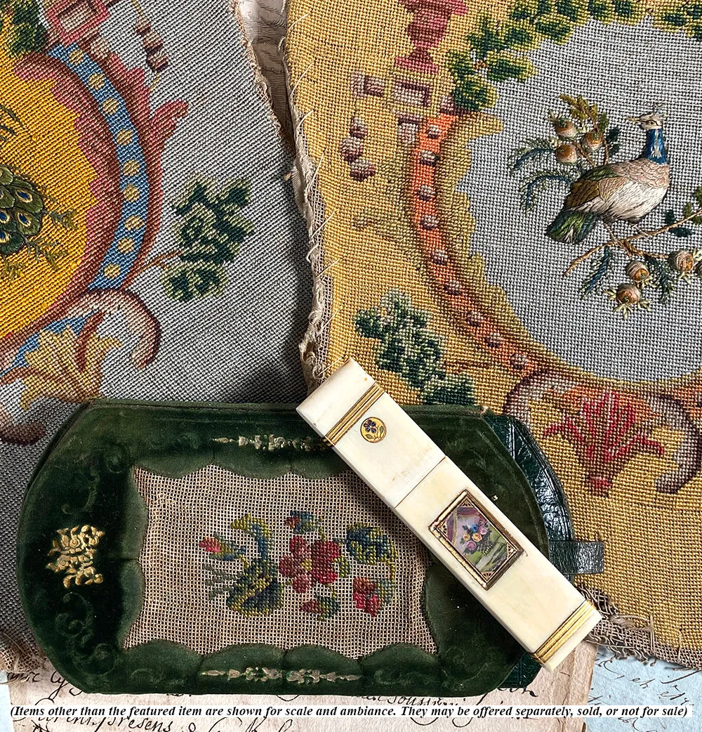 Antique French Silk Embroidery on Silk Velvet & Leather Cigar or Spectacles Case, Etui