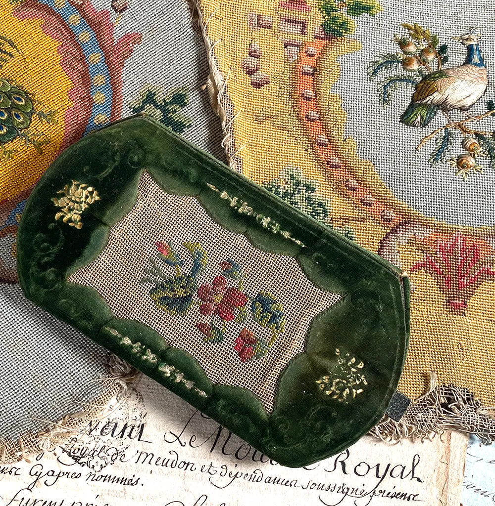 Antique French Silk Embroidery on Silk Velvet & Leather Cigar or Spectacles Case, Etui