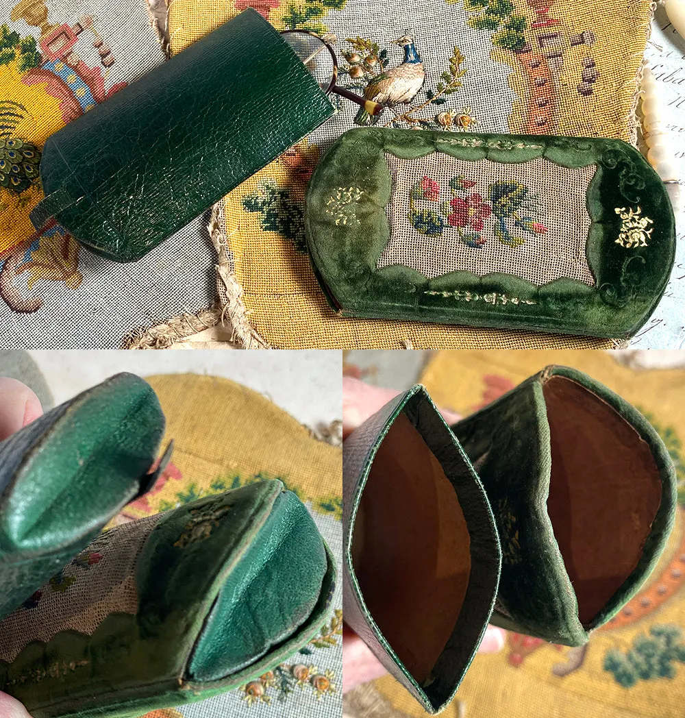 Antique French Silk Embroidery on Silk Velvet & Leather Cigar or Spectacles Case, Etui