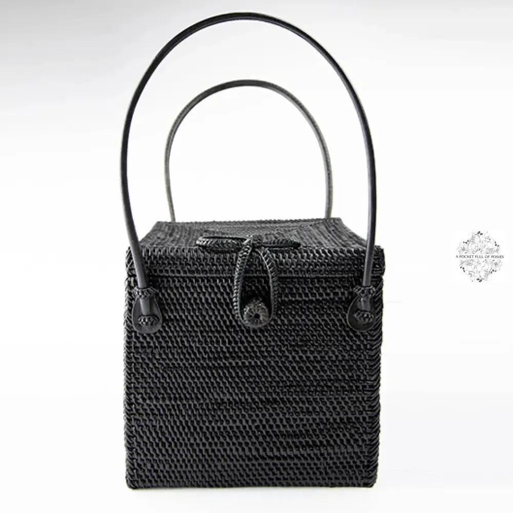 Ata Square Straw Bag with Leather Handles - Square 7" Rattan Bag, Straw Purse, Boho Wicker, Batik Lining made in Bali