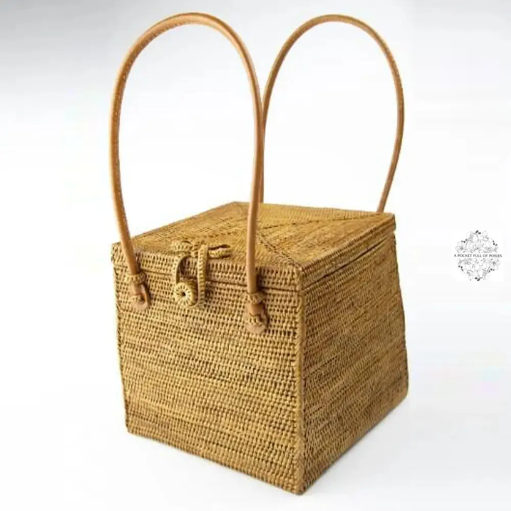 Ata Square Straw Bag with Leather Handles - Square 7" Rattan Bag, Straw Purse, Boho Wicker, Batik Lining made in Bali