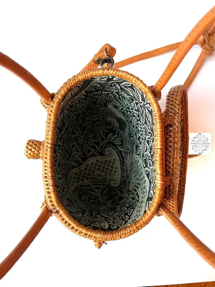 Ata Straw Bag with 2 Top Handle and Optional Long Strap - Natural Rattan Bag, Straw Purse, Boho Wicker, Batik Lining Made in Bali