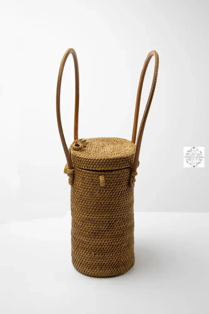 Ata Straw Bag with 2 Top Handle and Optional Long Strap - Natural Rattan Bag, Straw Purse, Boho Wicker, Batik Lining Made in Bali