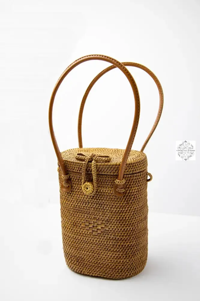 Ata Straw Bag with 2 Top Handle and Optional Long Strap - Natural Rattan Bag, Straw Purse, Boho Wicker, Batik Lining Made in Bali
