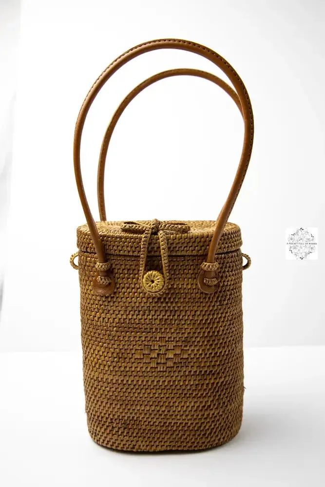 Ata Straw Bag with 2 Top Handle and Optional Long Strap - Natural Rattan Bag, Straw Purse, Boho Wicker, Batik Lining Made in Bali