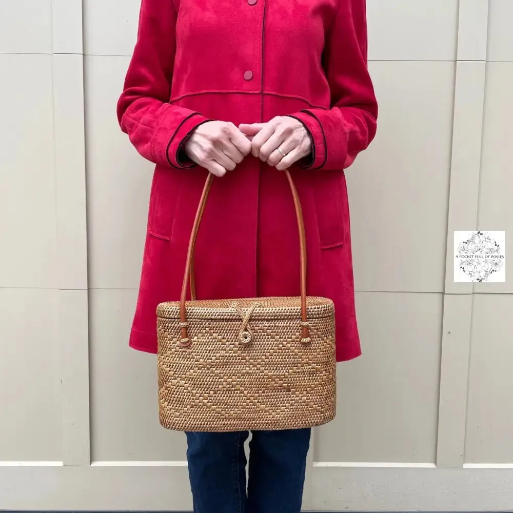 Ata Straw Bag with Lid and Top Handles - Natural Rattan Bag, Straw Purse, Boho Wicker, Batik Lining Made in Bali