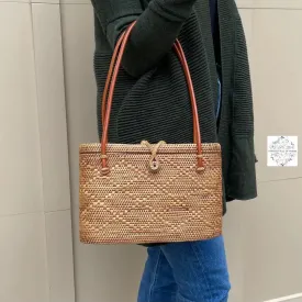 Ata Straw Bag with Lid and Top Handles - Natural Rattan Bag, Straw Purse, Boho Wicker, Batik Lining Made in Bali