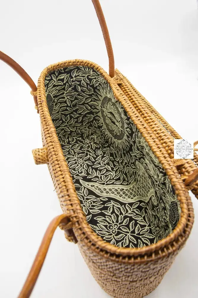 Ata Straw Bag with Lid and Top Handles - Natural Rattan Bag, Straw Purse, Boho Wicker, Batik Lining Made in Bali