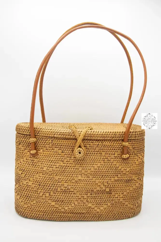Ata Straw Bag with Lid and Top Handles - Natural Rattan Bag, Straw Purse, Boho Wicker, Batik Lining Made in Bali