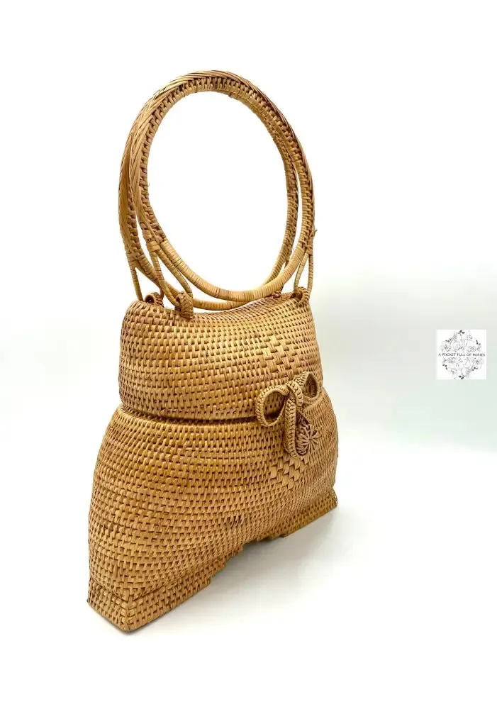 Ata Straw Happy Buddha Bag with Lid and Top Handles - Natural Rattan Bag, Straw Purse, Boho Wicker, Batik Lining Made in Bali