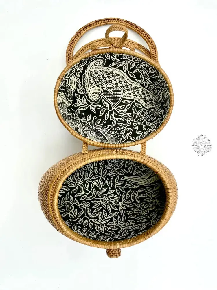 Ata Straw Happy Buddha Bag with Lid and Top Handles - Natural Rattan Bag, Straw Purse, Boho Wicker, Batik Lining Made in Bali