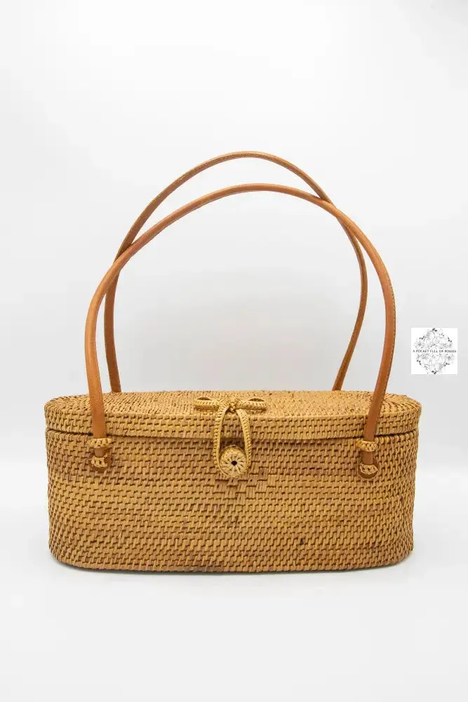 Ata Straw Rectangular Bag with Lid and Top Handles - Natural Rattan Bag, Straw Purse, Boho Wicker, Batik Lining Made in Bali