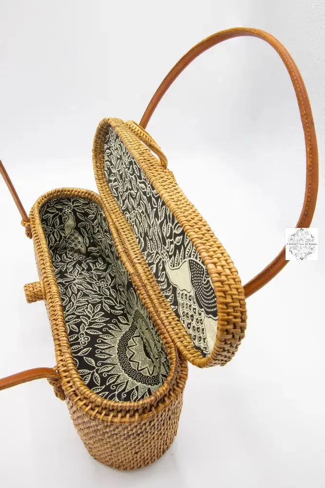 Ata Straw Rectangular Bag with Lid and Top Handles - Natural Rattan Bag, Straw Purse, Boho Wicker, Batik Lining Made in Bali