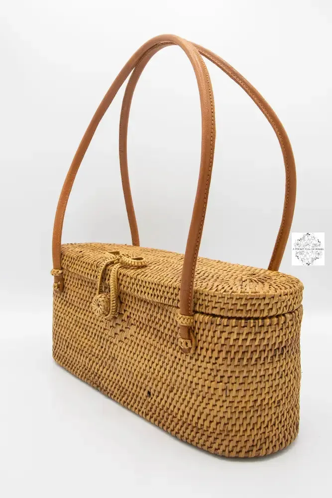 Ata Straw Rectangular Bag with Lid and Top Handles - Natural Rattan Bag, Straw Purse, Boho Wicker, Batik Lining Made in Bali