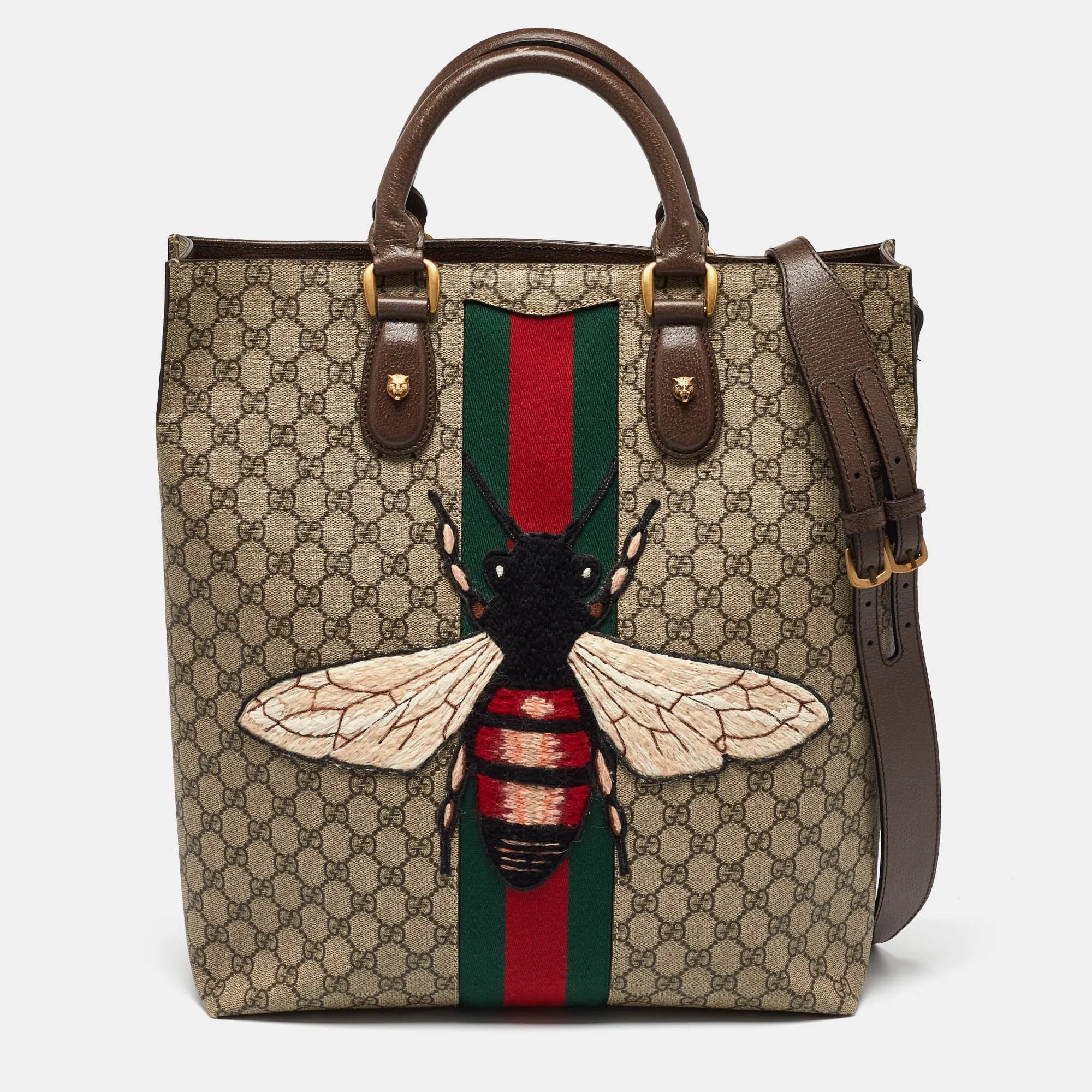 Beige GG Supreme Canvas and Leather Animalier Vertical Tote