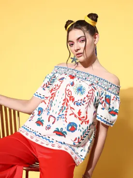 Berrylush Women White & Blue Tribal Printed Off-Shoulder Neck Crepe Regular Top