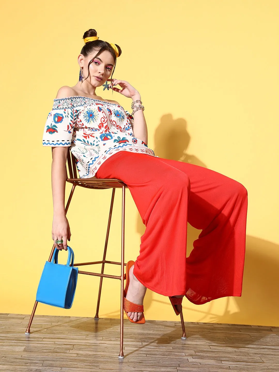 Berrylush Women White & Blue Tribal Printed Off-Shoulder Neck Crepe Regular Top