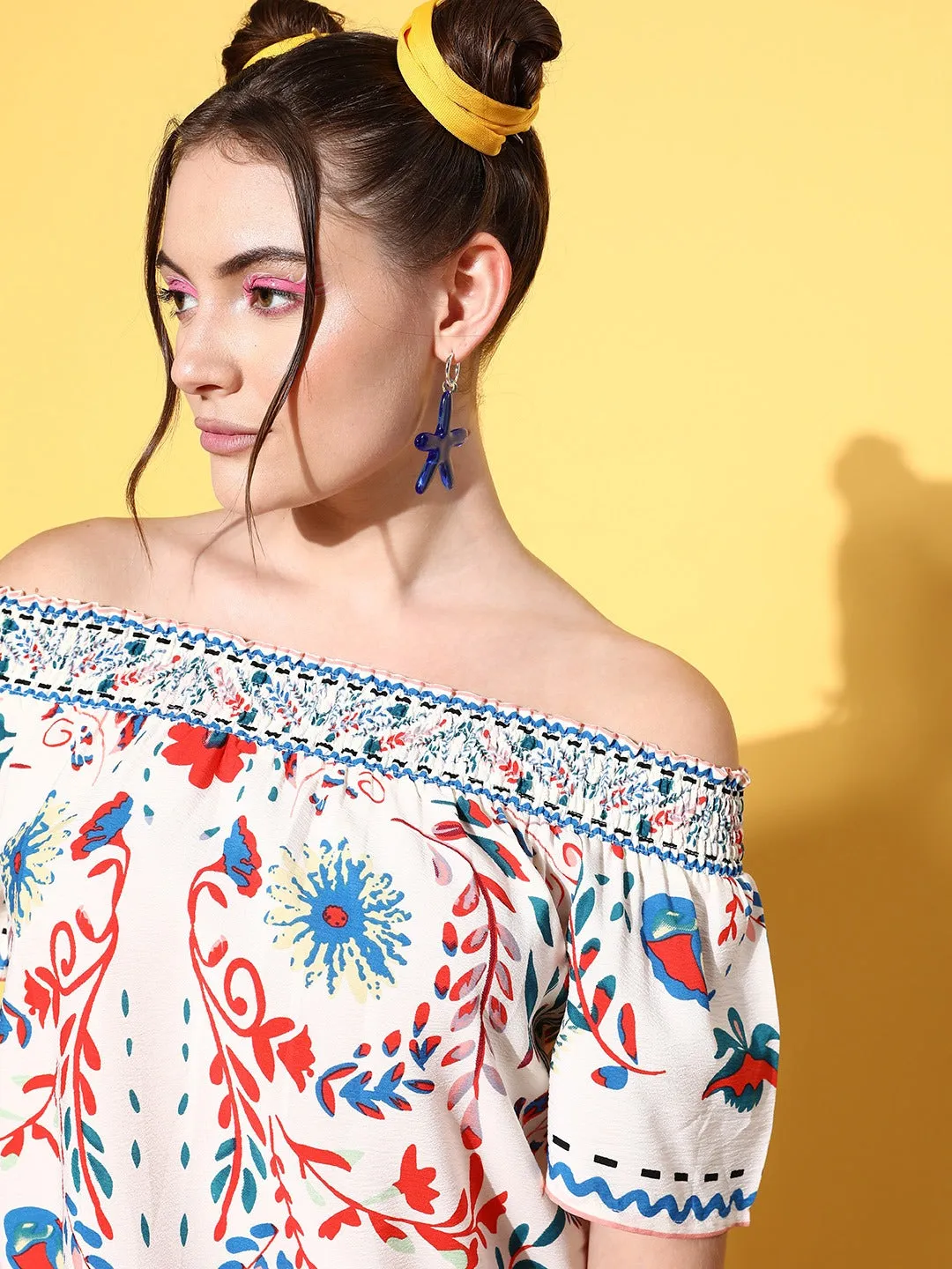 Berrylush Women White & Blue Tribal Printed Off-Shoulder Neck Crepe Regular Top