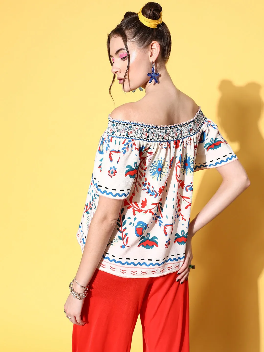 Berrylush Women White & Blue Tribal Printed Off-Shoulder Neck Crepe Regular Top