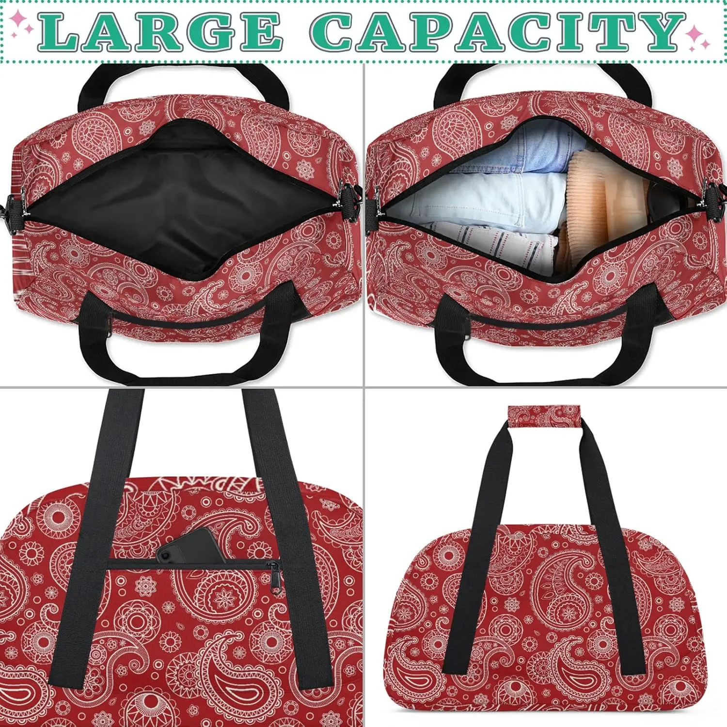 Boho 18 inch Small Gym Bag for Women and Men, Lightweight Carry On Weekender Bag Mini Duffel Bag for Travel Sports Workout, Paisley Flower