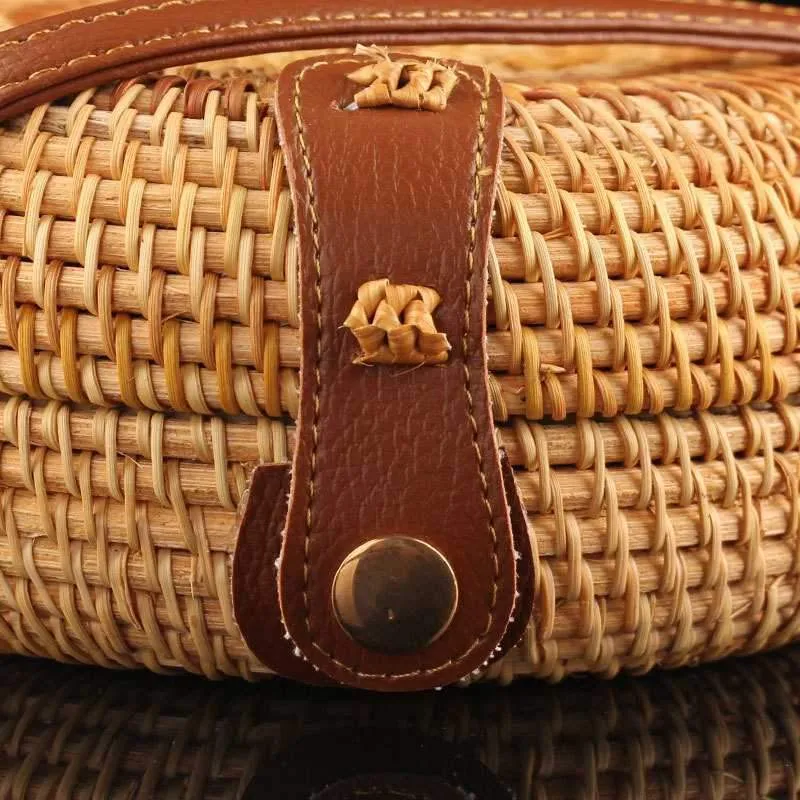 Boho Handmade Round Woven Handbag Bali Rattan Crossbody Beach Bag