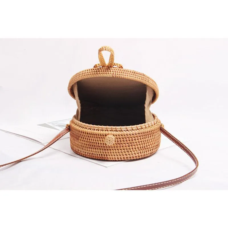 Boho Handmade Round Woven Handbag Bali Rattan Crossbody Beach Bag