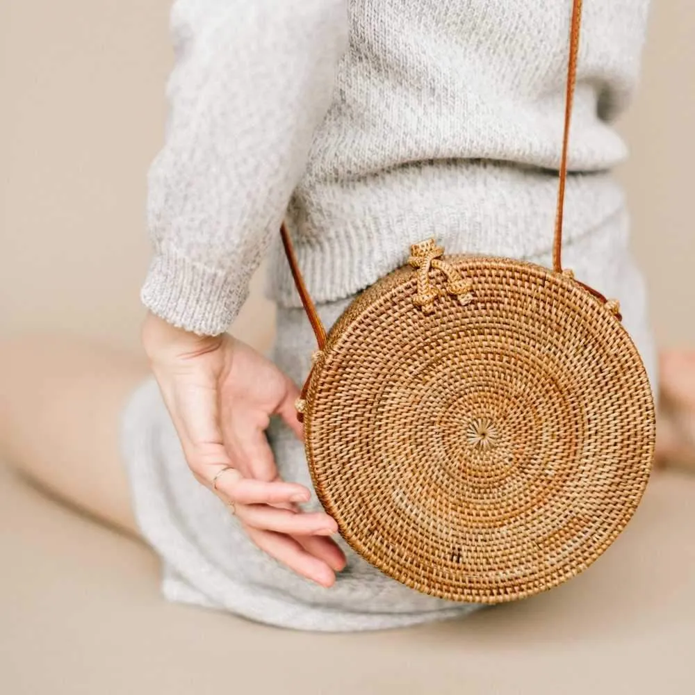 Boho Handmade Round Woven Handbag Bali Rattan Crossbody Beach Bag