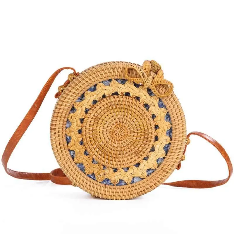 Boho Handmade Round Woven Handbag Bali Rattan Crossbody Beach Bag