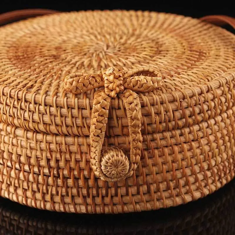 Boho Handmade Round Woven Handbag Bali Rattan Crossbody Beach Bag