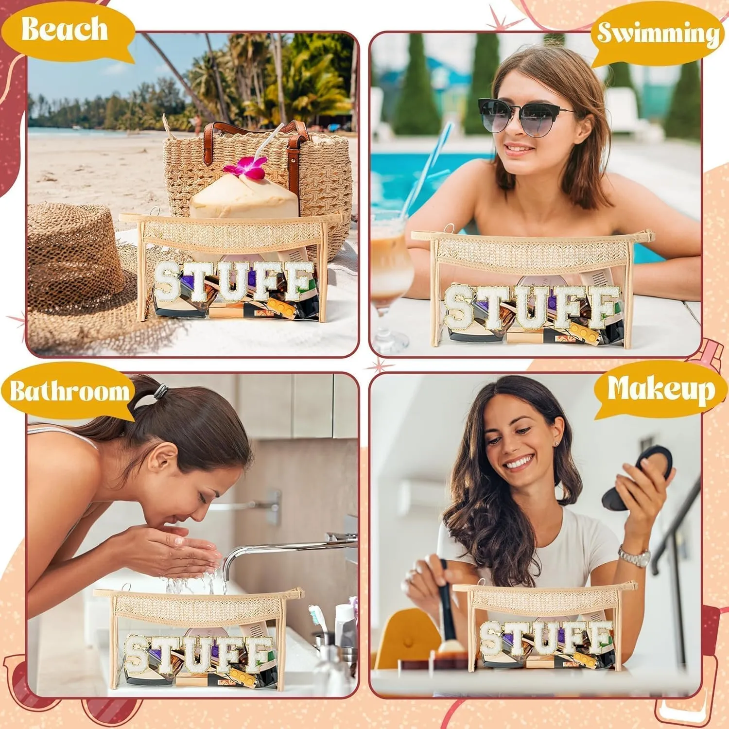 Boho Patch STUFF Cosmetic Bag - Summer STUFF Chenille Varsity Letter Toiletry Makeup Bag Beige Clear Waterproof Travel Beach Makeup Pouch PVC Zipper Clutch Daily Use Purse for Women Girls