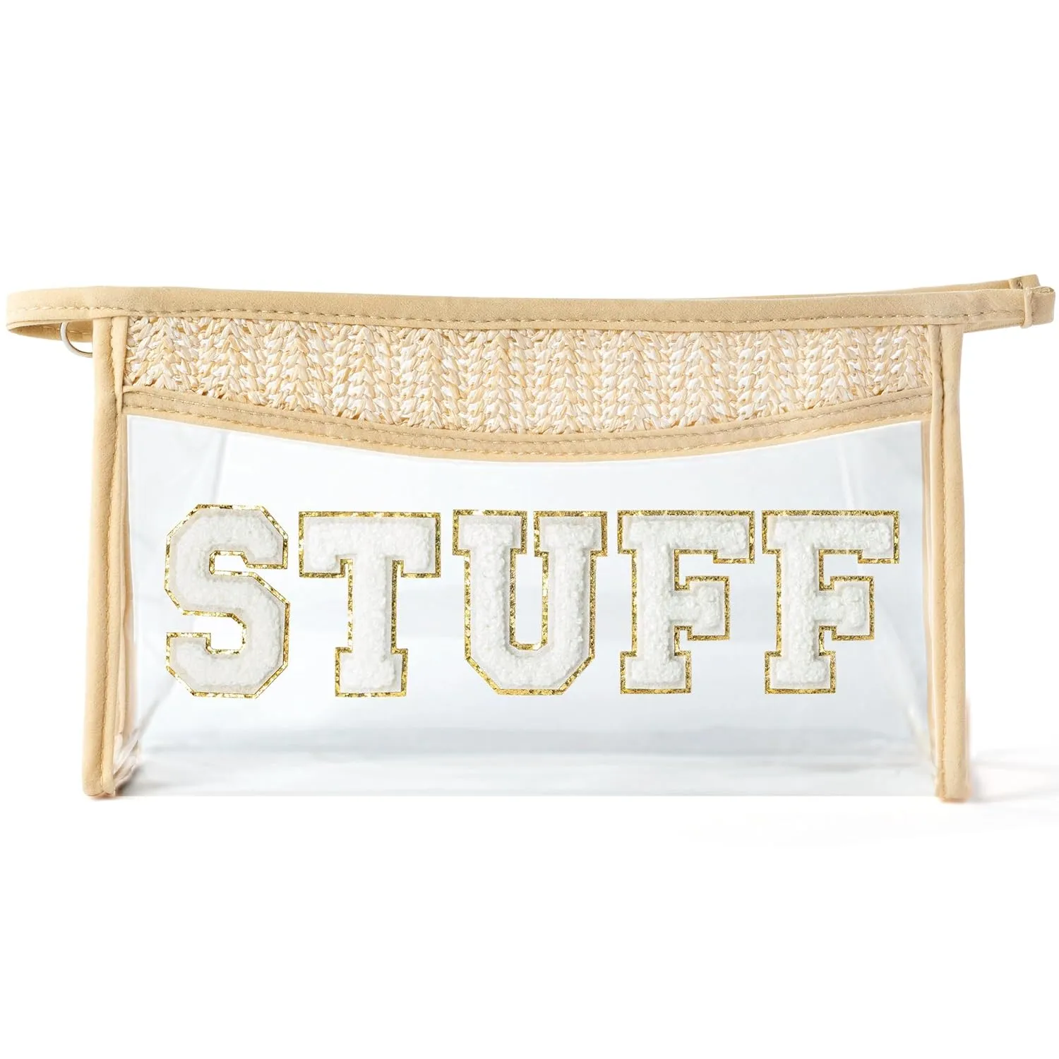 Boho Patch STUFF Cosmetic Bag - Summer STUFF Chenille Varsity Letter Toiletry Makeup Bag Beige Clear Waterproof Travel Beach Makeup Pouch PVC Zipper Clutch Daily Use Purse for Women Girls