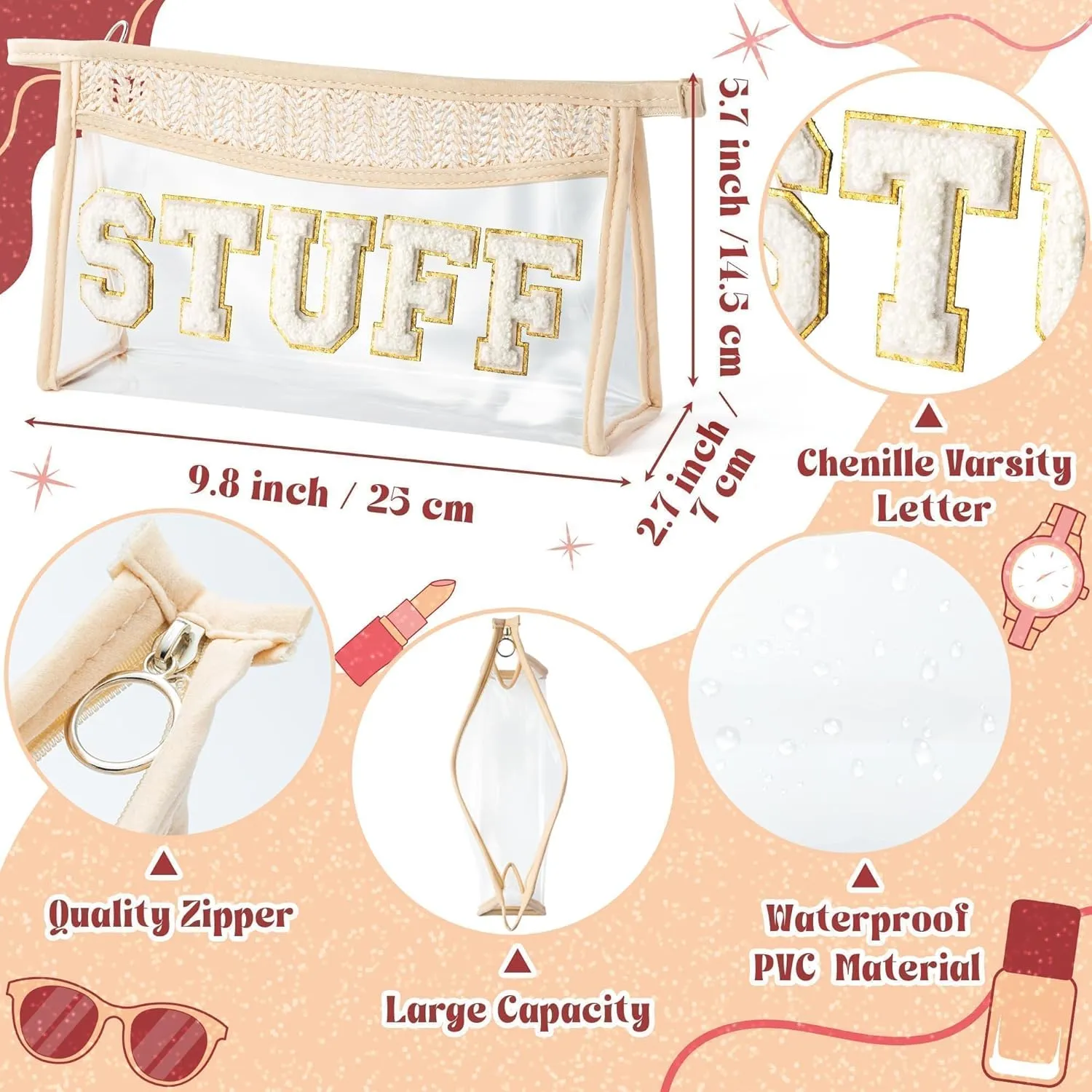 Boho Patch STUFF Cosmetic Bag - Summer STUFF Chenille Varsity Letter Toiletry Makeup Bag Beige Clear Waterproof Travel Beach Makeup Pouch PVC Zipper Clutch Daily Use Purse for Women Girls