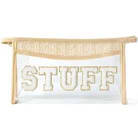 Boho Patch STUFF Cosmetic Bag - Summer STUFF Chenille Varsity Letter Toiletry Makeup Bag Beige Clear Waterproof Travel Beach Makeup Pouch PVC Zipper Clutch Daily Use Purse for Women Girls