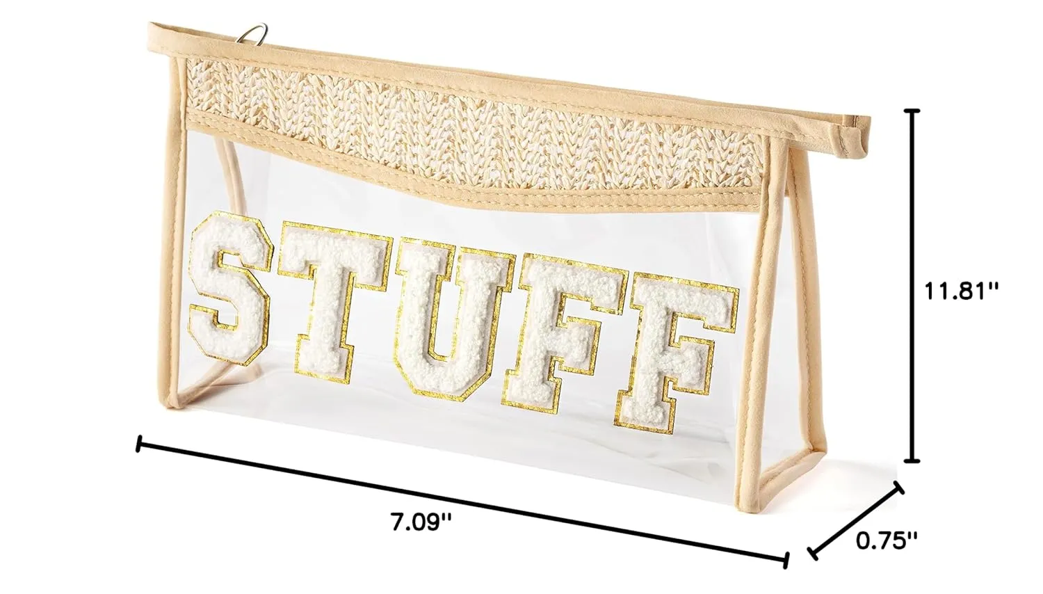 Boho Patch STUFF Cosmetic Bag - Summer STUFF Chenille Varsity Letter Toiletry Makeup Bag Beige Clear Waterproof Travel Beach Makeup Pouch PVC Zipper Clutch Daily Use Purse for Women Girls