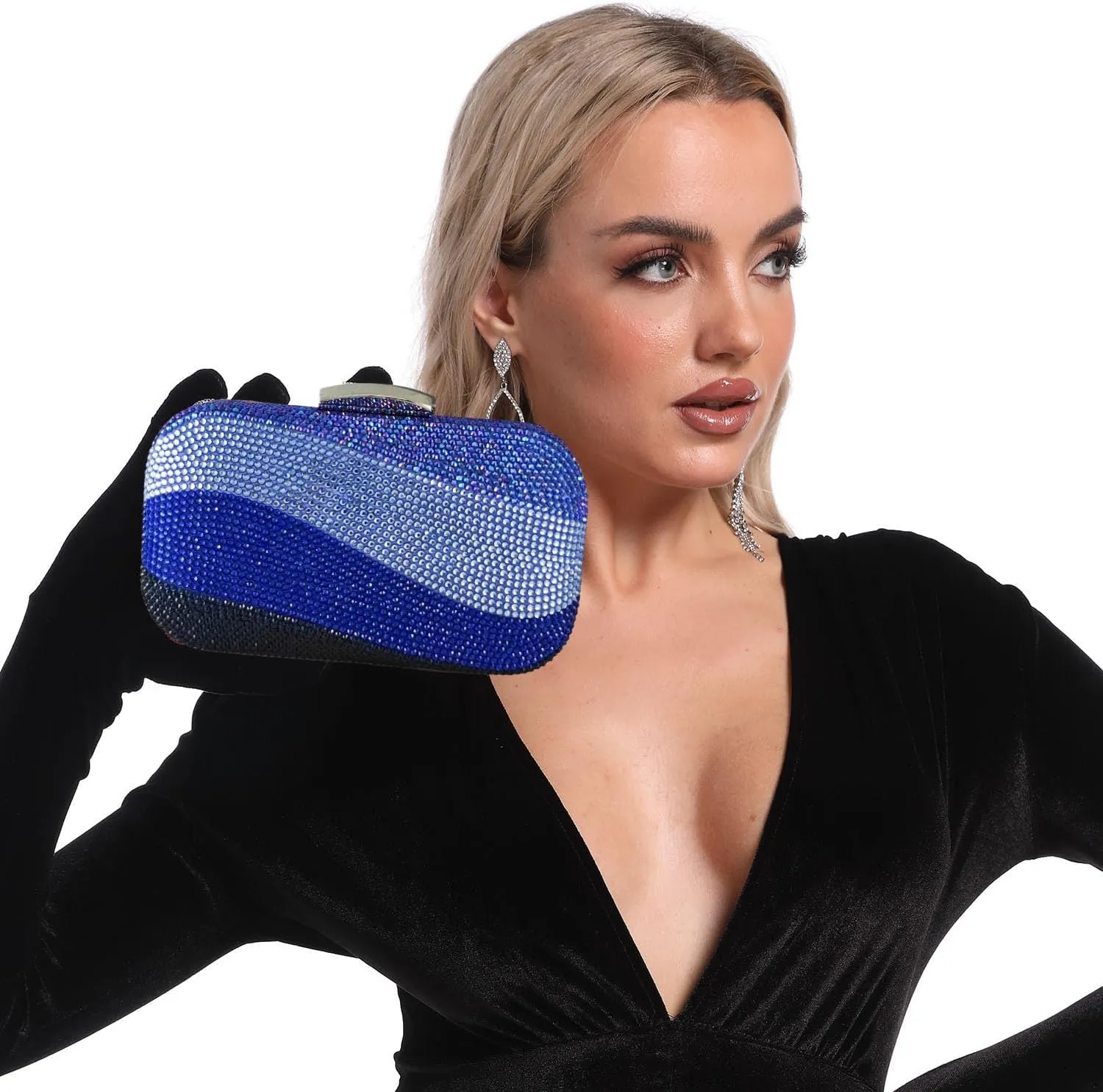 Boutique De FGG Sea Wave Luxury Crystal Clutch Evening Bags for Women Colorful Rhinestone Wedding Handbags and Purses