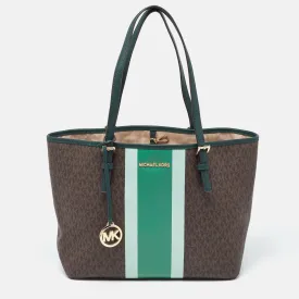 Brown/Green Signature Coated Canvas and Leather Tote