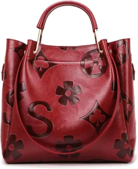 Bucket Bags for Women Floral Embossed Tote Bag Women's Top-handle Handbags Trendy Vintage Vegan Leather Shoulder Bag