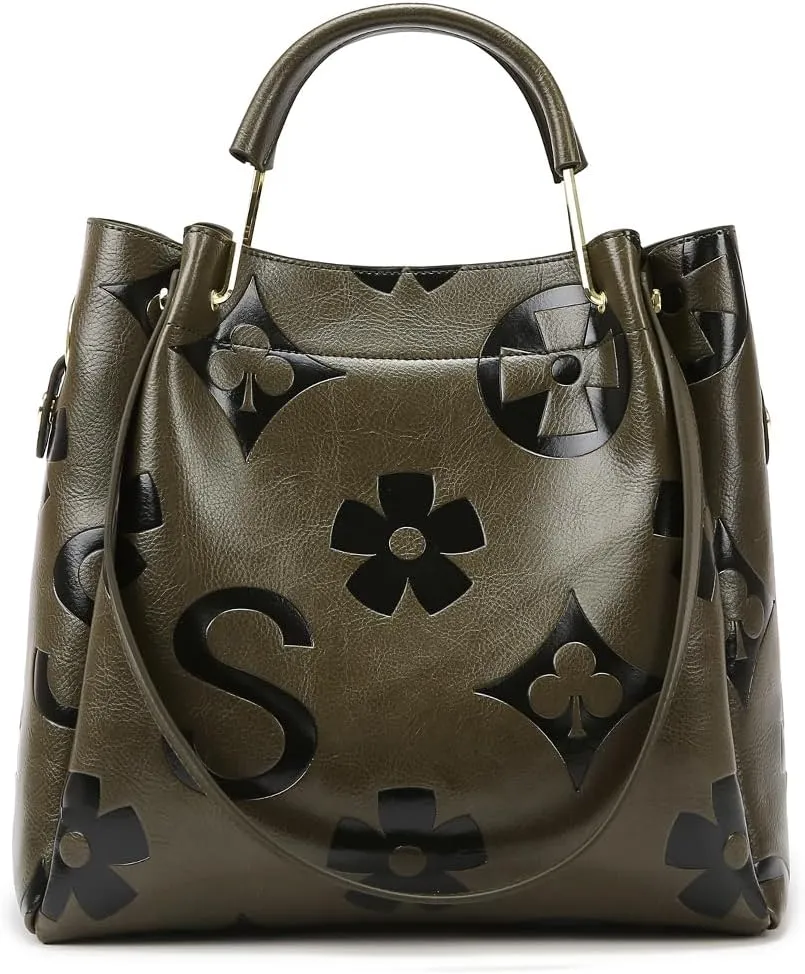 Bucket Bags for Women Floral Embossed Tote Bag Women's Top-handle Handbags Trendy Vintage Vegan Leather Shoulder Bag