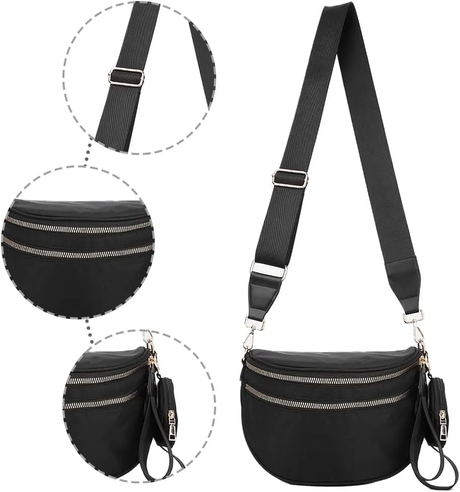 Bum Bags for Women Nylon Crossbody Bag Solid Spacious Cresent Sling Belt Half Moon Purse with Adjustable Strap Trendy Satchel