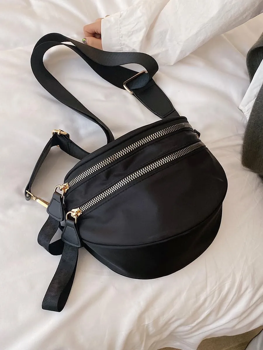 Bum Bags for Women Nylon Crossbody Bag Solid Spacious Cresent Sling Belt Half Moon Purse with Adjustable Strap Trendy Satchel