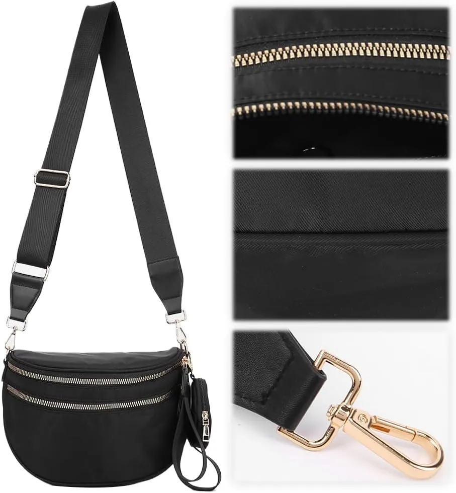 Bum Bags for Women Nylon Crossbody Bag Solid Spacious Cresent Sling Belt Half Moon Purse with Adjustable Strap Trendy Satchel