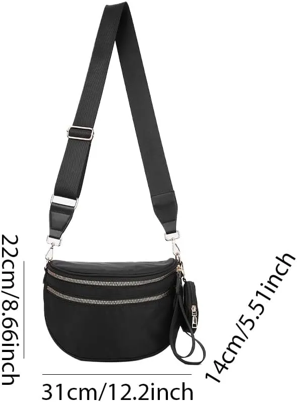 Bum Bags for Women Nylon Crossbody Bag Solid Spacious Cresent Sling Belt Half Moon Purse with Adjustable Strap Trendy Satchel