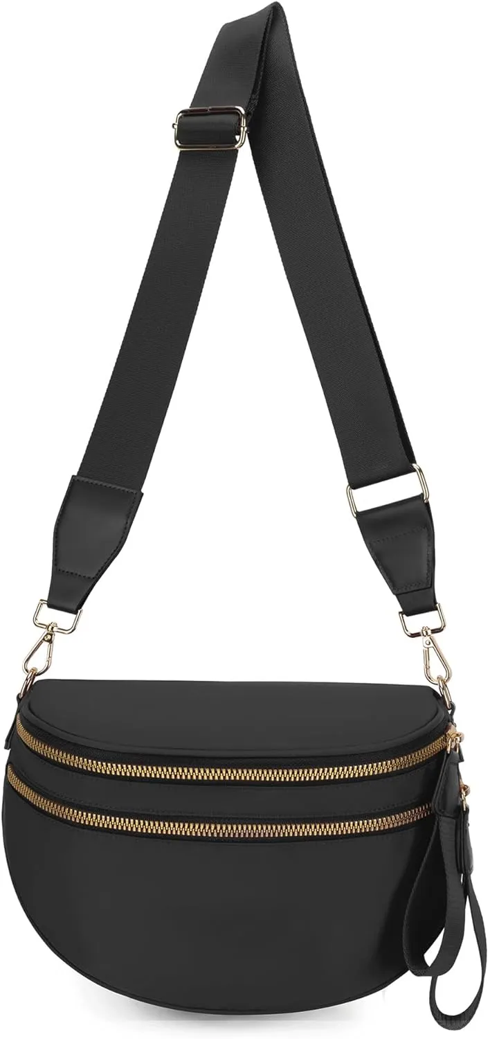 Bum Bags for Women Nylon Crossbody Bag Solid Spacious Cresent Sling Belt Half Moon Purse with Adjustable Strap Trendy Satchel