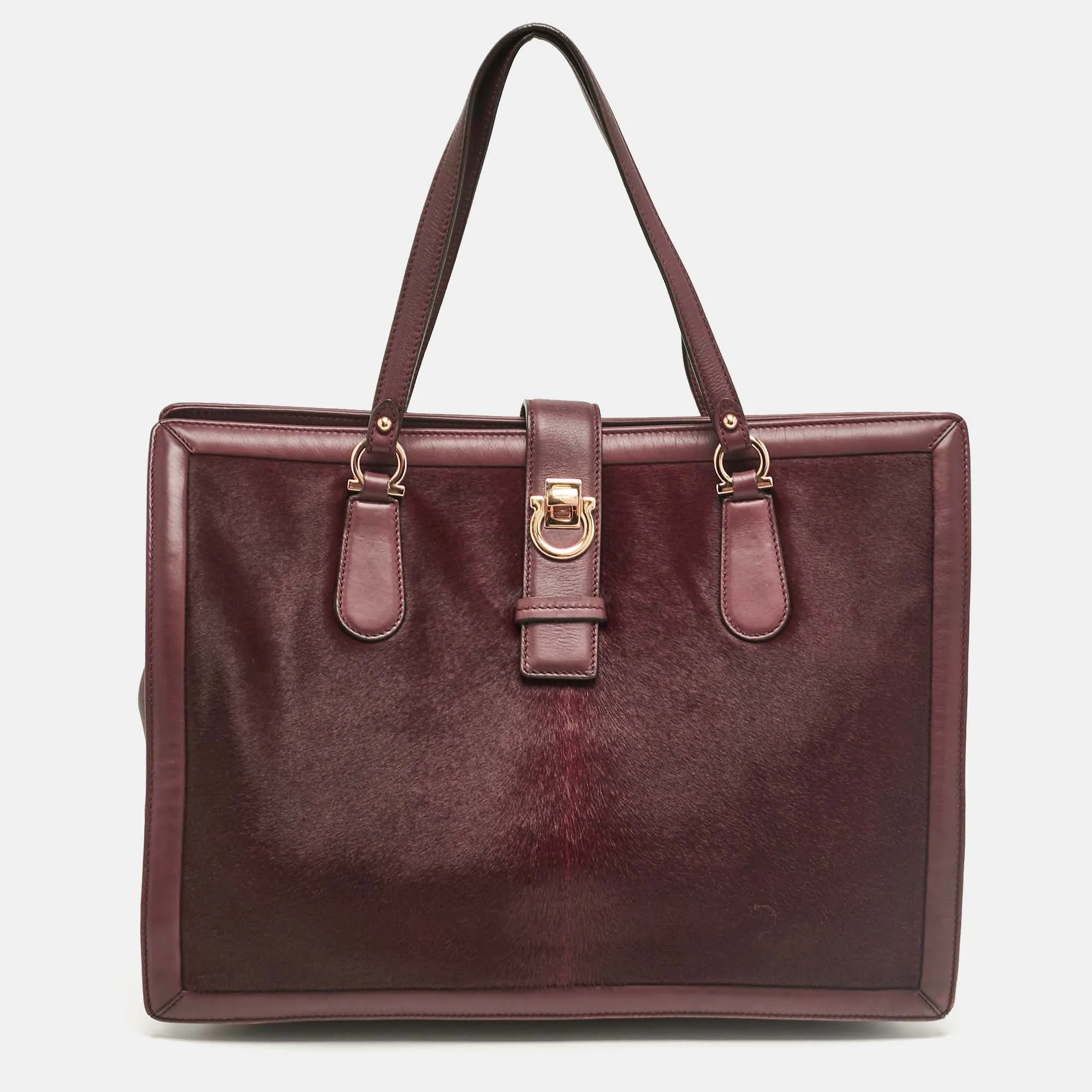 Burgundy Calfhair and Leather Gancini Flap Tote