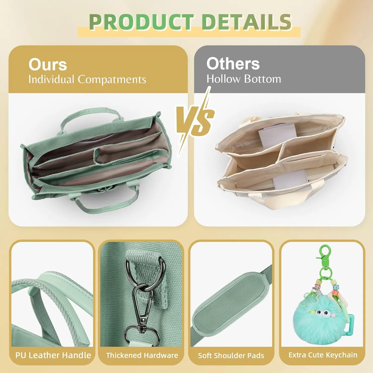 Canvas Tote Bag Purse for Women with Zipper Closure, Individual Compartments & Bottom Suppor