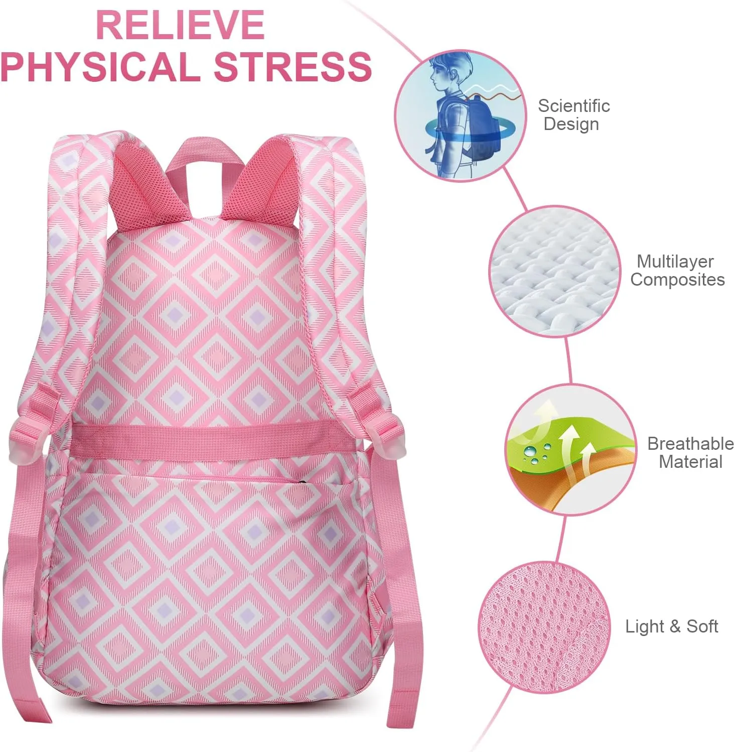 CaranY Girls Backpack for Teens  Lightweight,Waterproof 18-inch School Book Bag with Multiple Pockets,Spacious Design,Cute Bear Plush Toy 30L(Pink Pattern)